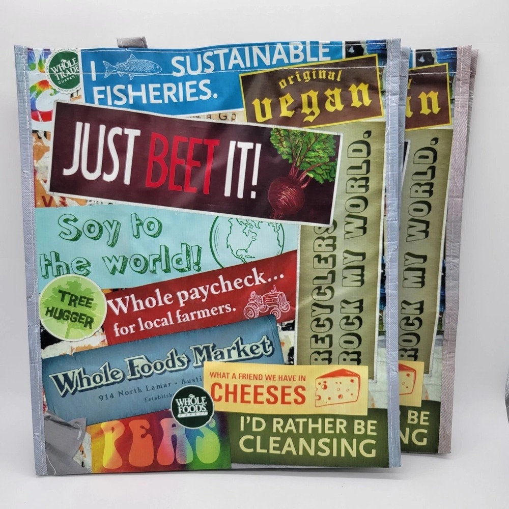 Lot Of 2 - 2011 Whole Foods Reusable Shopping Bags Bumper Skicker Print New
